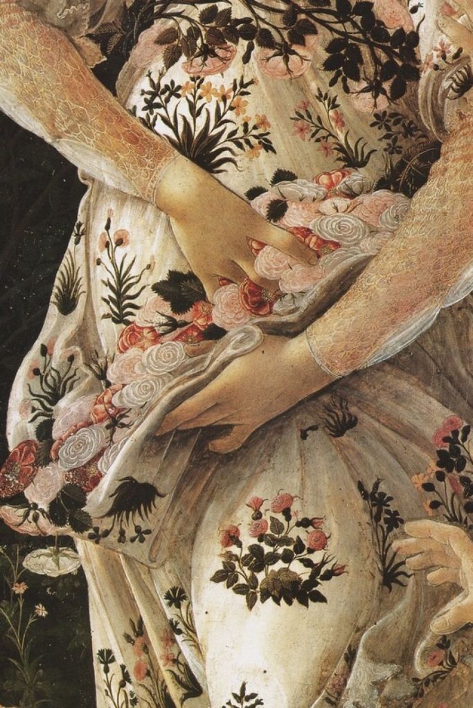 a painting of a woman with flowers on her dress