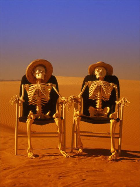 two skeletons sitting in chairs with the caption, we can feel it in our bones