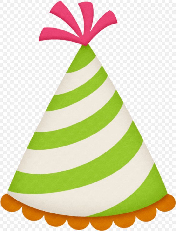 a green and white striped party hat with pink bow on top, transparent background png