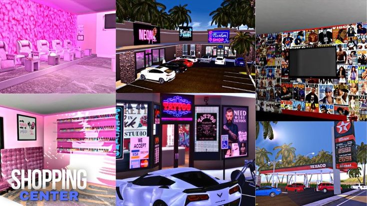 multiple pictures of various shops and stores with pink lighting on the front, side, and back walls