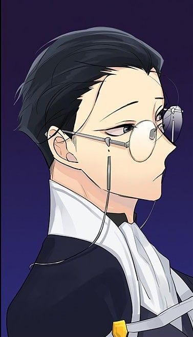 an anime character with glasses and a black hair is staring at something in the distance