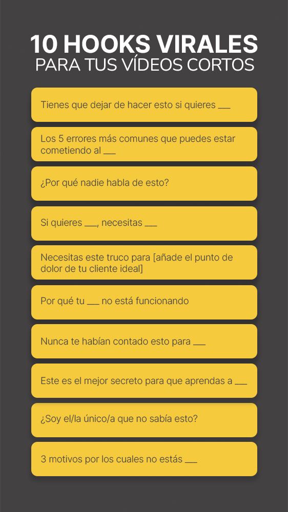 the spanish text reads 10 hooks virtuales para tus videos cortos
