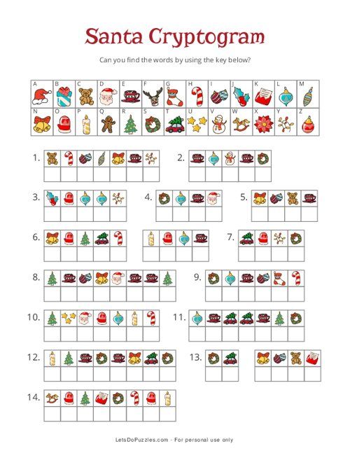 the santa cryptogram game is shown in red and green with christmas decorations