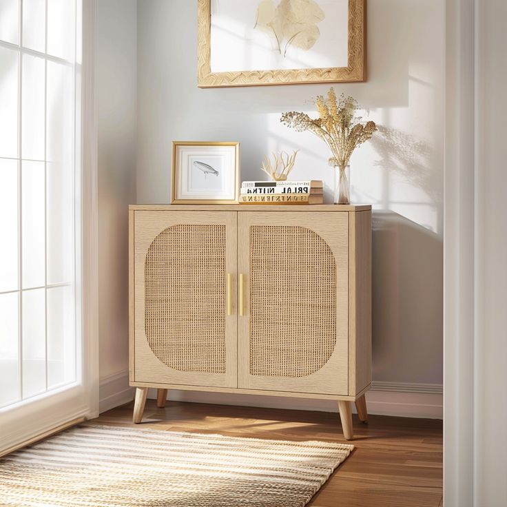 an empty room with a wicker cabinet and pictures on the wall next to it