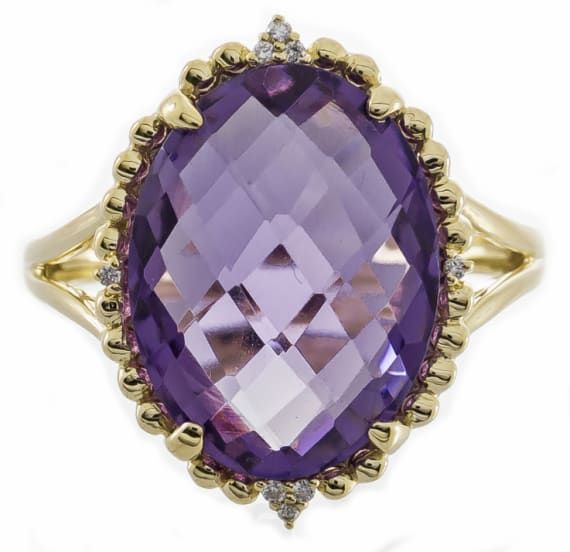 Stunning, timeless and classy eternity Unique ring. Decorate yourself in luxury with this Gin & Grace ring. This ring is made up of Oval-Cut Prong Setting Genuine Amethyst (1 pcs) 7.987 Carat and Round-Cut Prong Setting Diamond (8 pcs) 0.03 Carat accent stones for a lovely design. This ring is weight 3.15 grams. Crafted with 14k Yellow Gold, this delicate Ring is polished to a high finish shine. Elegant Yellow Gold Rings With Gemstone Accents, Elegant Round Cut Diamond Ring With Gemstone Accents, Elegant Diamond Ring With Gemstone Accents, Elegant Diamond Ring With Gemstone Accents For Anniversary, Elegant Yellow Gold Amethyst Ring With Gemstone Accents, Elegant Yellow Gold Amethyst Ring With Diamond Accents, Luxury Yellow Gold Amethyst Ring With Gemstone Accents, Elegant Green Amethyst Ring, Elegant Gold Amethyst Ring With Diamonds