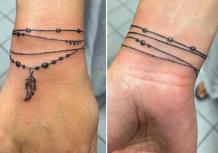 two pictures of the same wrist with beads and a feather tattoo on one side of the wrist