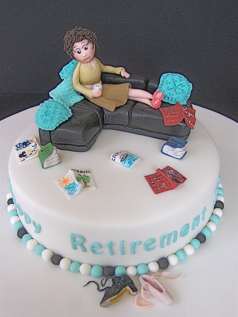 a birthday cake with a woman sitting on a couch and other items around it that say retirement