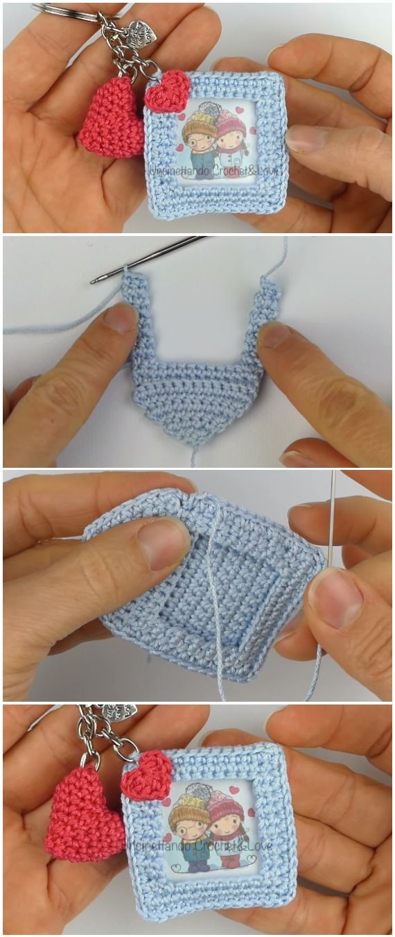 crocheted keychain being worked on by someone using scissors to cut it