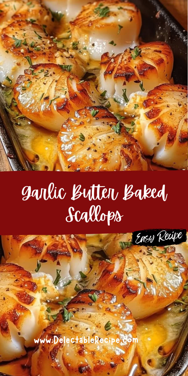 garlic butter baked scallops in a baking pan with text overlay that reads garlic butter baked scallops