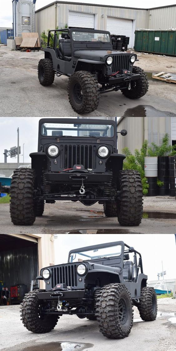 four different pictures of jeeps parked in front of a building and on the ground