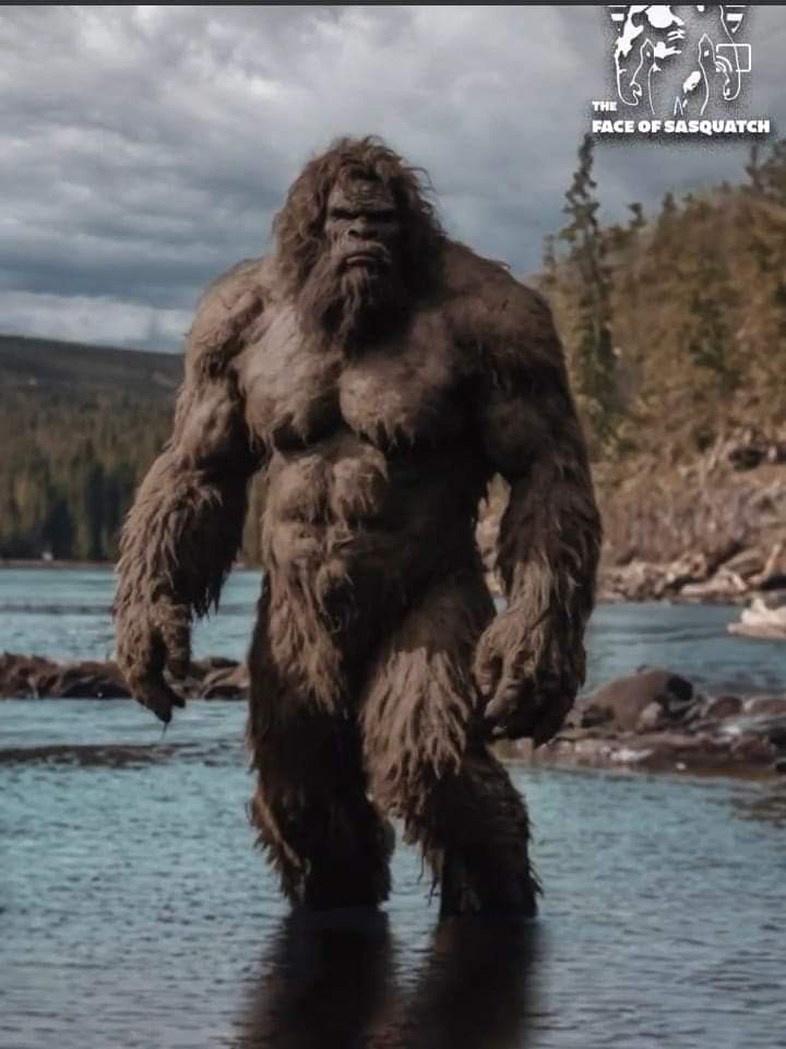 a bigfoot standing in the middle of a river