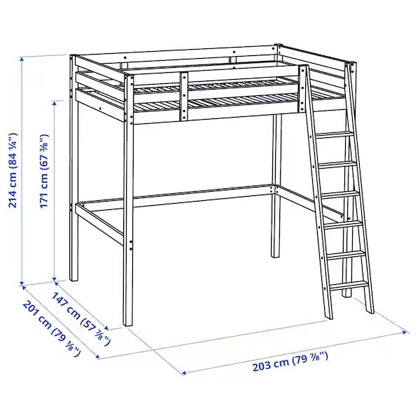 a drawing of a loft bed with a ladder and desk underneath it, measurements for the height