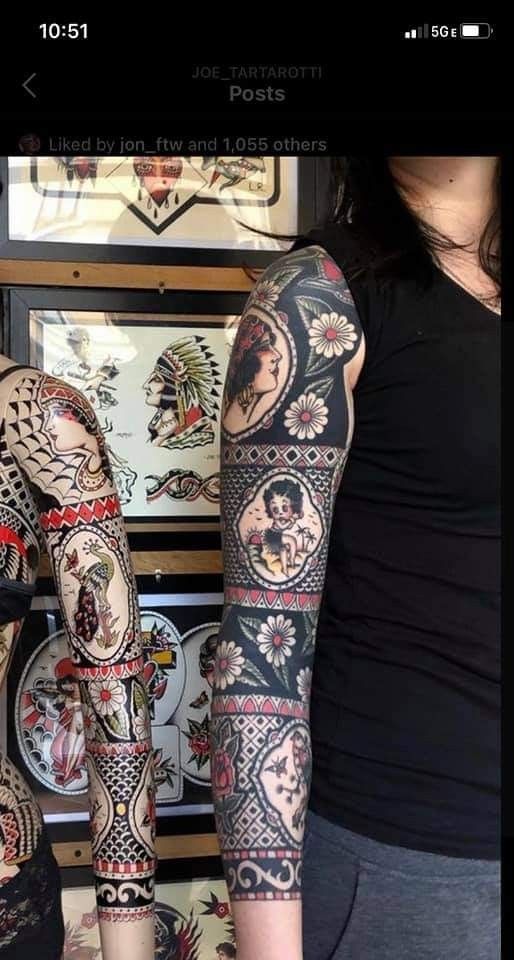 two women with tattoos on their arms and legs, one is showing off her arm