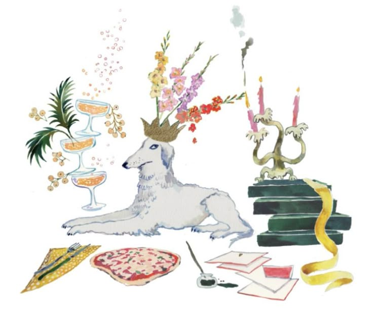 a white dog with a crown on its head sitting next to food and wine glasses