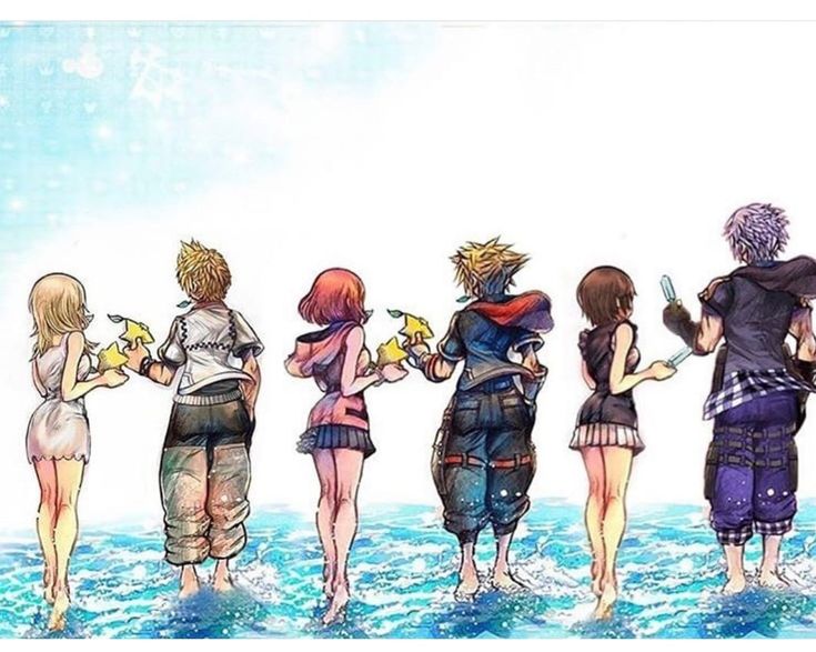 five anime characters standing in the water looking at their cell phones and holding something up to their ear