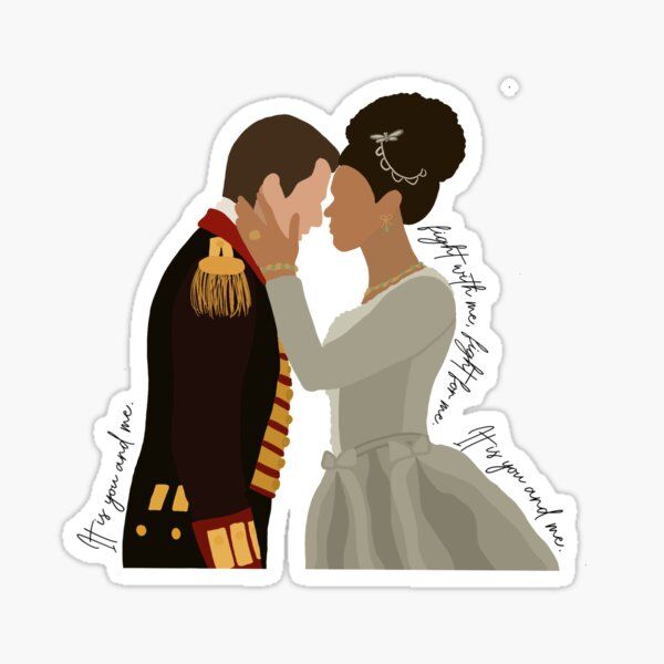 a sticker with an image of a man and woman in formal dress kissing each other