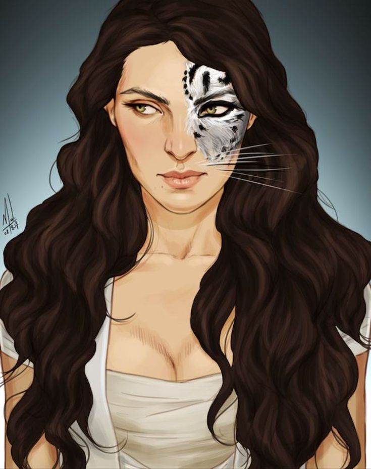 a drawing of a woman with a cat's face painted on her forehead and the word