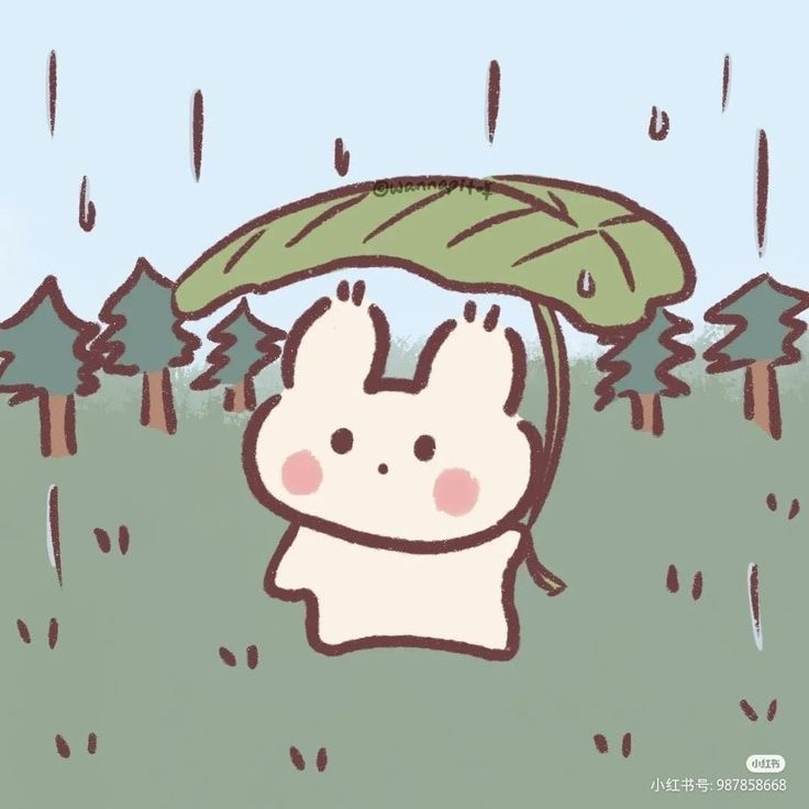 a drawing of a rabbit holding an umbrella in the rain with trees behind it and water droplets falling on its head