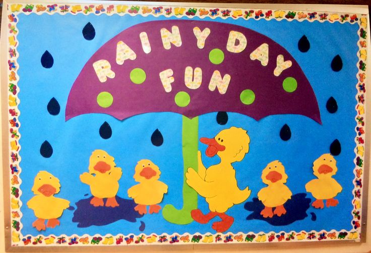 “Rainy Day Fun” Spring bulletin board idea. Rainy Day Bulletin Board Ideas, Rainy Season Classroom Decoration, Rainy Season Board Decoration Ideas, Rain Bulletin Board Preschool, Rainy Season Bulletin Board Ideas, Rainy Day Decoration In Preschool, Monsoon Bulletin Board Ideas, Register Decoration, Nursery Class Decoration