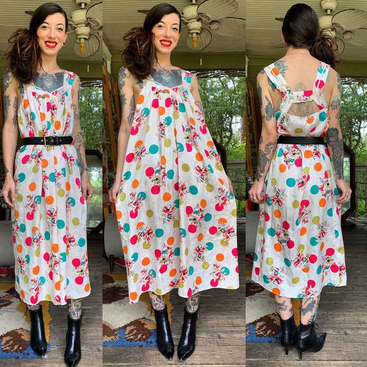 "This dress just makes me happy. It's bright, trippy, flowy, and just all things fun. 1970's Op Art Mary McFadden stunner with a white psychedelic back print and multi-color polka dot and brush stroke floral forefront. Cross back, lightweight and airy. Perfect for summer, without being sheer. Fits up to large easily. Bust: 36/38\" Waist: free Hips: free Length: 47\" Model is 5'7\" and 115 lbs with measurements of 32x24x34. Buy with confidence as all photos are taken in natural lighting." Retro Summer Maxi Dress, Retro Summer Maxi Dress For Festivals, Retro Spring Festival Dresses, Retro Maxi Dress For Summer Festival, Retro Spring Maxi Dress With Vibrant Print, Multicolor Retro Print Maxi Dress For Spring, Retro Multicolor Maxi Dress For Summer, Retro Multicolor Maxi Dress For Spring, Retro Summer Maxi Dress With Vibrant Print