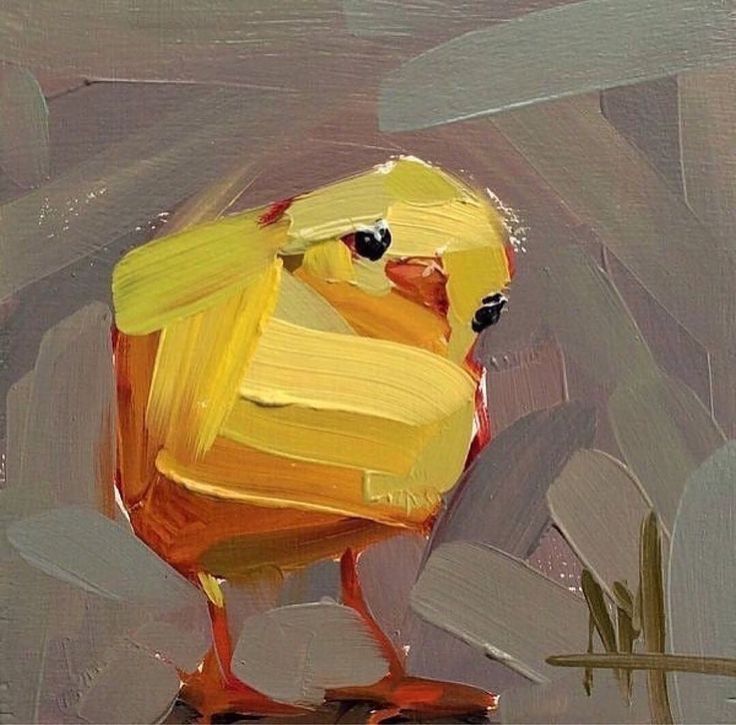 an oil painting of a yellow chicken on a gray background with grass in the foreground