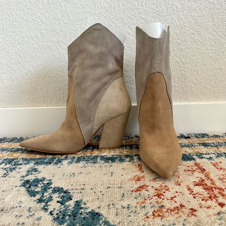 New Never Worn Suede Boots Size 9.5 Heel Height 4in Beige Suede Heels With Reinforced Heel, Spring Brown Heeled Boots With Sculpted Heel, Brown Boots With Sculpted Heel For Spring, Beige Heels With Contrasting Heel Counter For Fall, Taupe Ankle-high Boots For Spring, Beige Suede Boots For Spring, Spring Taupe Ankle-high Boots, Chic Beige Closed Toe Heeled Boots, Beige Suede Boots With Block Heel