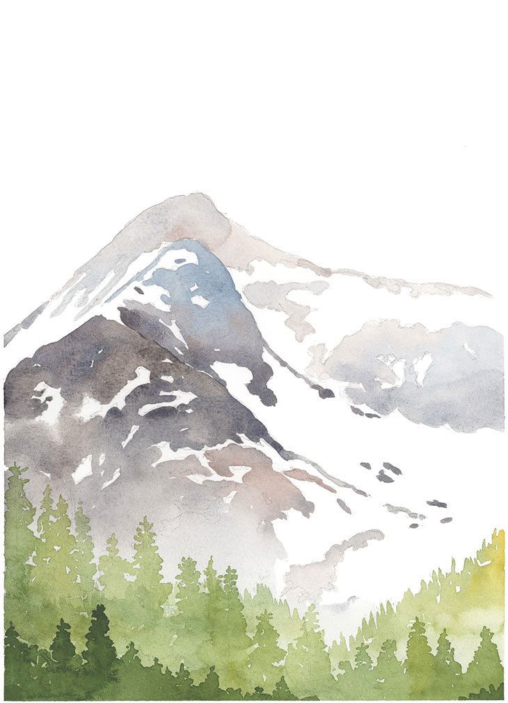 a watercolor painting of mountains and trees