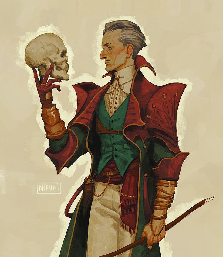 a painting of a man holding a skull and wearing a green coat with red trim