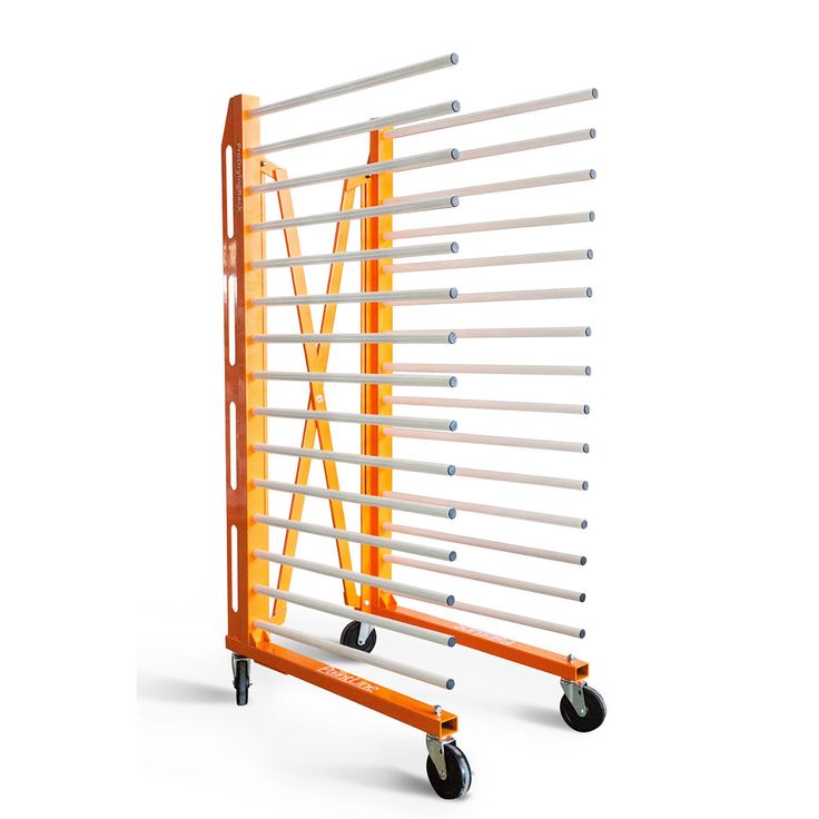 an orange and white metal rack with several bars on it's wheels, in front of a white background