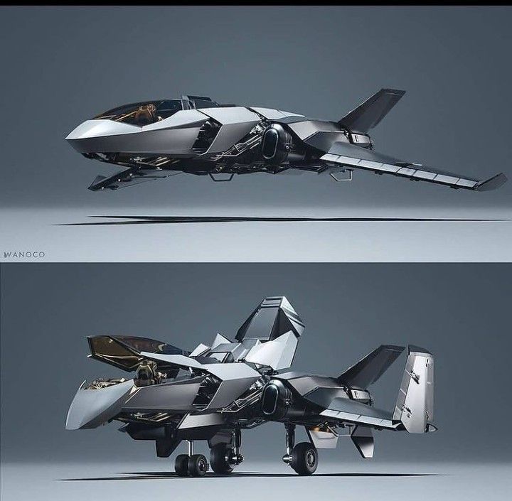 two views of a futuristic fighter jet