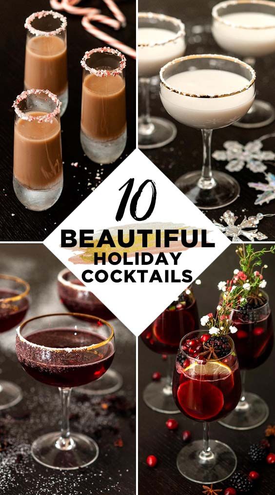 various shots and glasses filled with different types of cocktails on a black table, surrounded by snowflakes