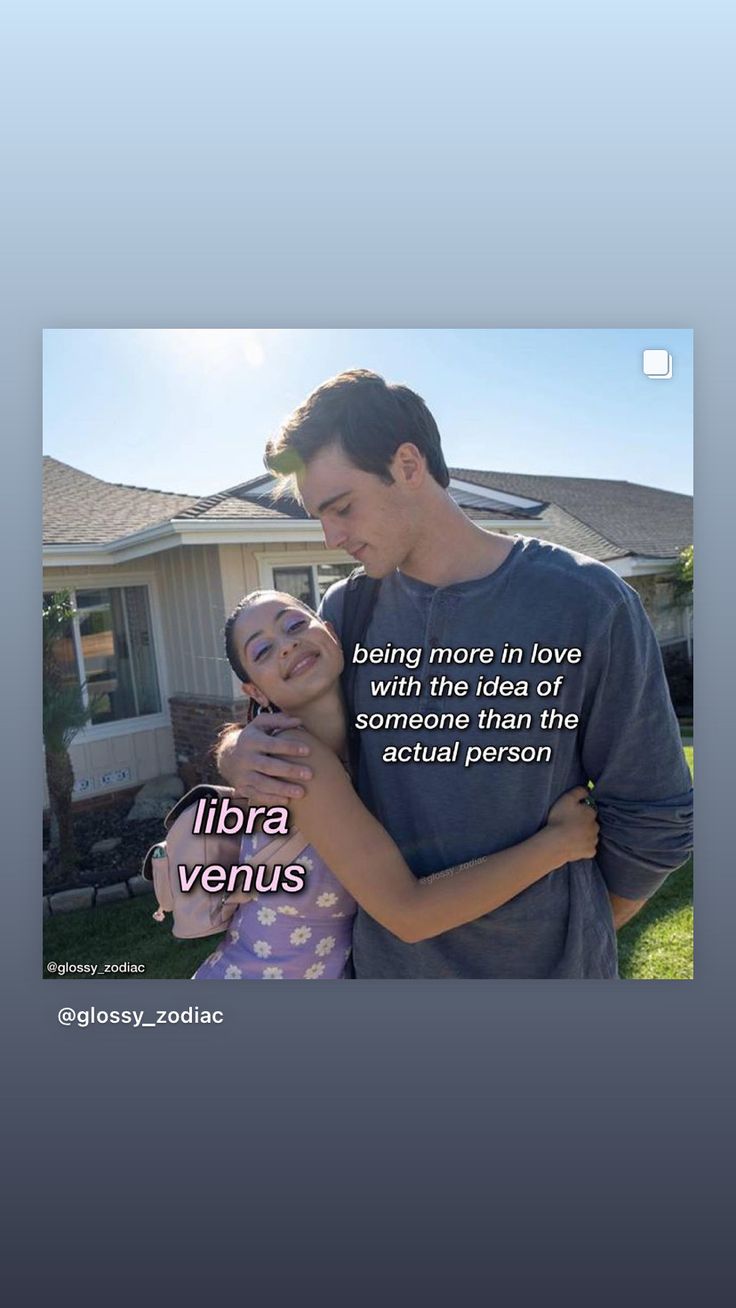 a man and woman standing in front of a house with the words libra venus on it