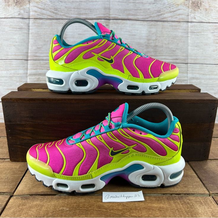 Nike Air Max Plus Volt Green Pink Blast Cw5840-700 Size 6.5y /Women's Size 8 Size 5y / Women’s 6.5 Brand New No Box Has Shelf Wear On Back Of Heel On Midsole From Being On Shelf/Age Pink High-top Sneakers For Training, Pink Sneakers With Air Cushioning For Streetwear, Pink Cushioned Sneakers With Round Toe, Pink Sneakers With Cushioned Footbed And Round Toe, Pink Breathable High-top Sneakers, Pink Breathable Sneakers For Spring, Nike Multicolor Athleisure Sneakers, Multicolor Training Sneakers, Multicolor Round Toe Sneakers For Training