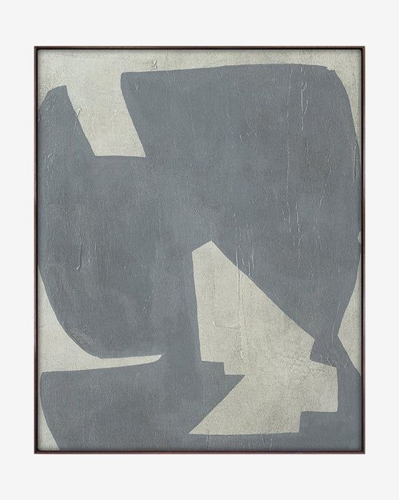 an abstract painting with grey and white shapes