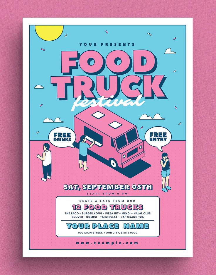 a food truck poster with people standing around it on a pink background, and the words'food truck festival'written in bold font