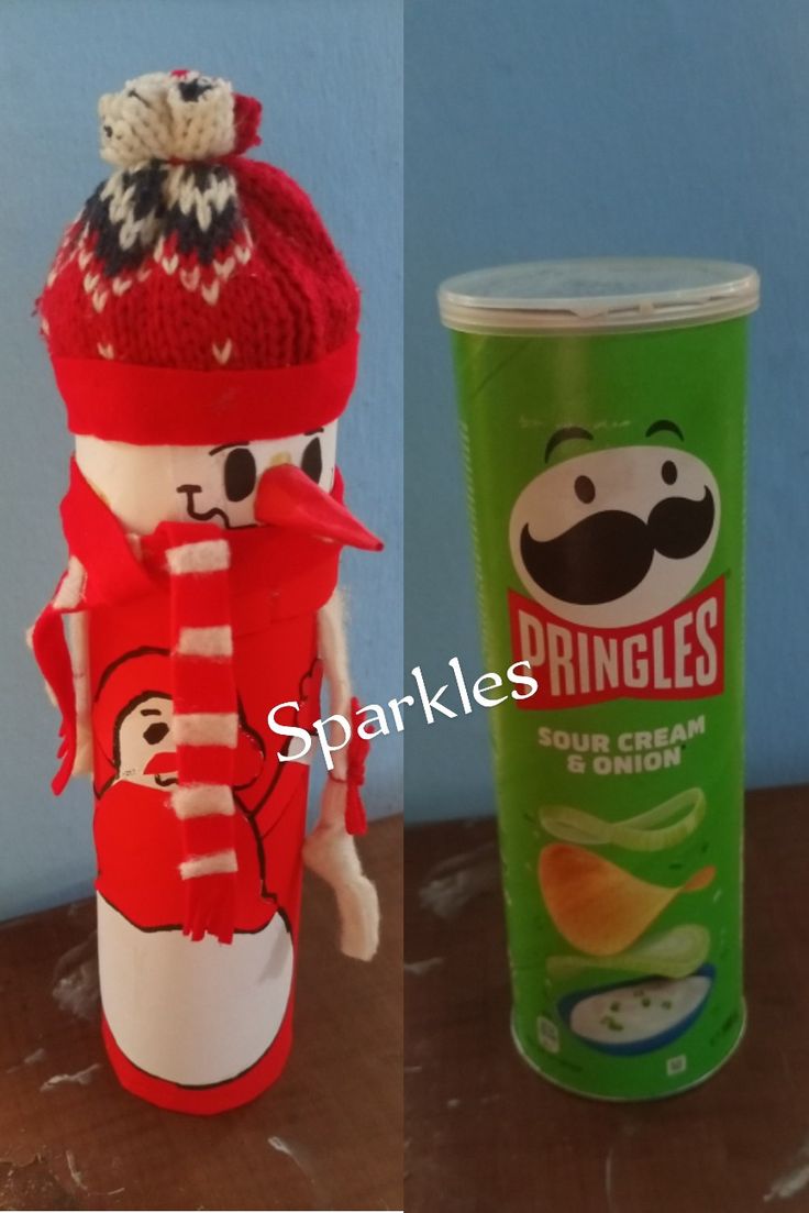 two pictures of the same product and one with a hat on it, next to a cup that says pringles