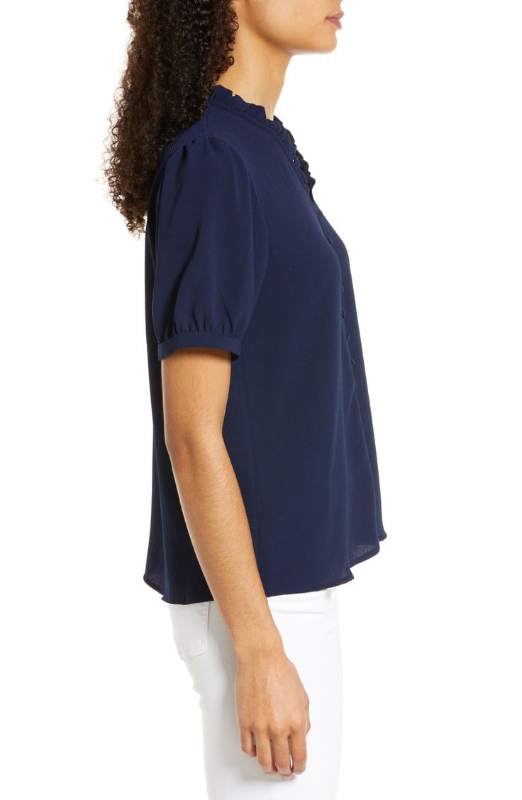 A frilly neckline and gently puffed sleeves add charm points to this staple blouse. 24" length (size Medium) V-neck Short sleeves 98% polyester, 2% spandex Machine wash, tumble dry Imported Blouse Nordstrom, Puffed Sleeves, No Frills, Puff Sleeve, Open Shoulder Tops, Button Up, Short Sleeves, Nordstrom, Size Medium