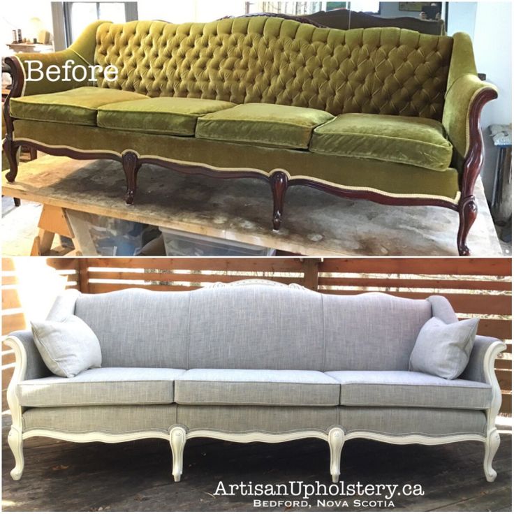 before and after photos of an old couch