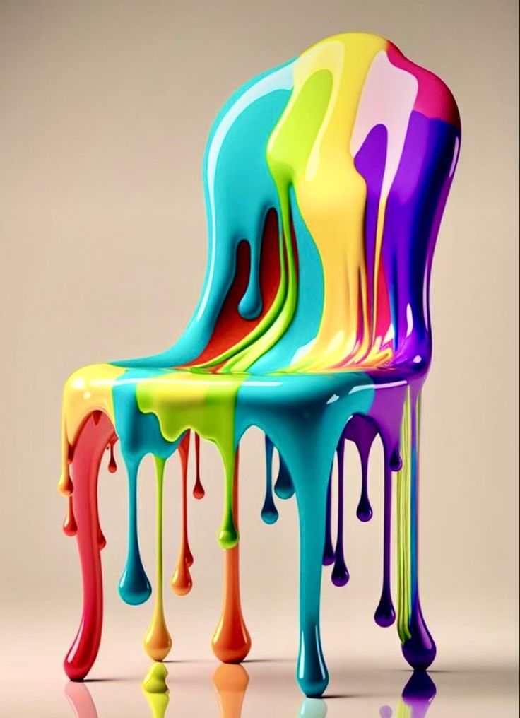 a colorful chair with dripping paint on it