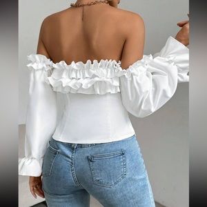 Rebellious Rose | Tops | Offtheshoulder Ruffle Trim Blouse | Poshmark Backless Halter Top, Satin Blouse, Outfit Inspo Fall, White Style, Sewing Inspiration, Ruffle Trim, Halter Top, Off The Shoulder, Top Blouse