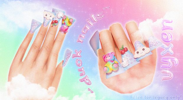 two hands with different nail designs on them and the words hello kitty written in white