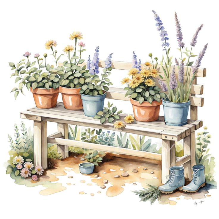 a bench with potted plants on it next to flowers and other things in the dirt