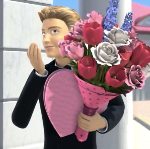 a cartoon man holding a bouquet of flowers