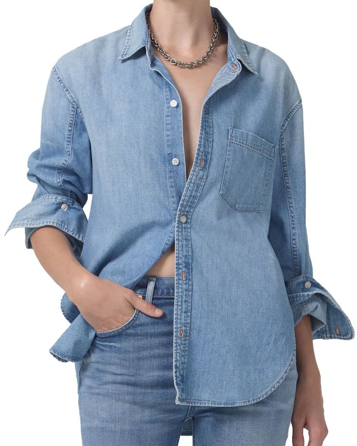 Citizens of Humanity Tide Chambray Shrunken Kayla Shirt Collar Long sleeves; button cuffs Button down front closure Single chest patch pocket Relaxed fit 100% cotton