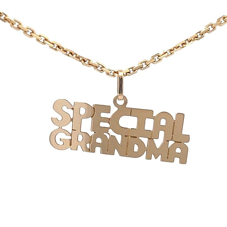 This "Special Grandma" Word/Message charm is made of 14k gold.   It is lightweight and would make a nice gift. Metal Content: Solid 14K Gold Chain is NOT included Pendant Measurements Length including bail:  9/16" (15mm) Width:  15/16" (24mm) Bail opening: 4mm x 2mm Weight: 0.58 Grams Stamps: 14Kt Condition:  Excellent Estate Items will ship in a gift box or pouch Each piece is thoroughly examined and refinished as needed by our professional jewelers, tested to guarantee metal content,  graded b 14k Yellow Gold Name Necklace With Hallmark, Personalized Gold Jewelry For Special Day, Personalized Gold Necklace For Special Day, Personalized Gold Necklaces For Special Day, Gold Necklace For Mother's Day, Grandmother Gifts, Southampton, Gold Chain, Gold Chains