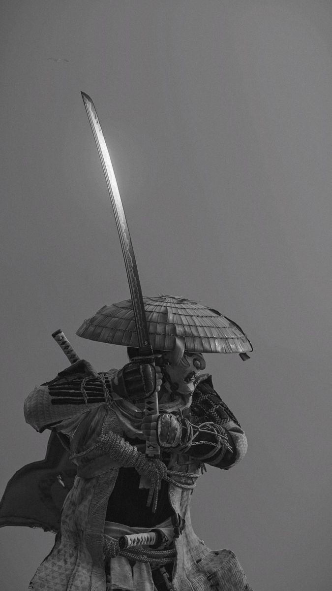 a man in armor holding two swords on his head and wearing an umbrella over his head