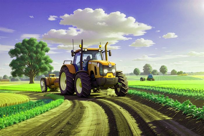 a tractor driving down a dirt road next to a field