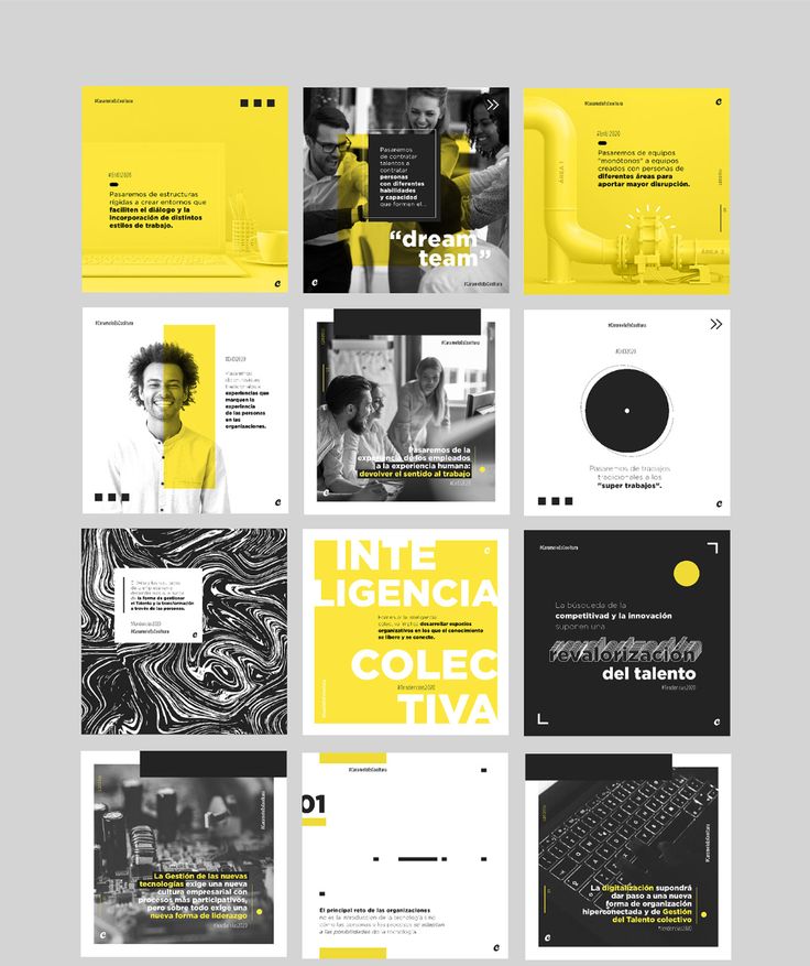 the yellow and black brochure is displayed in several different sections, including an image of