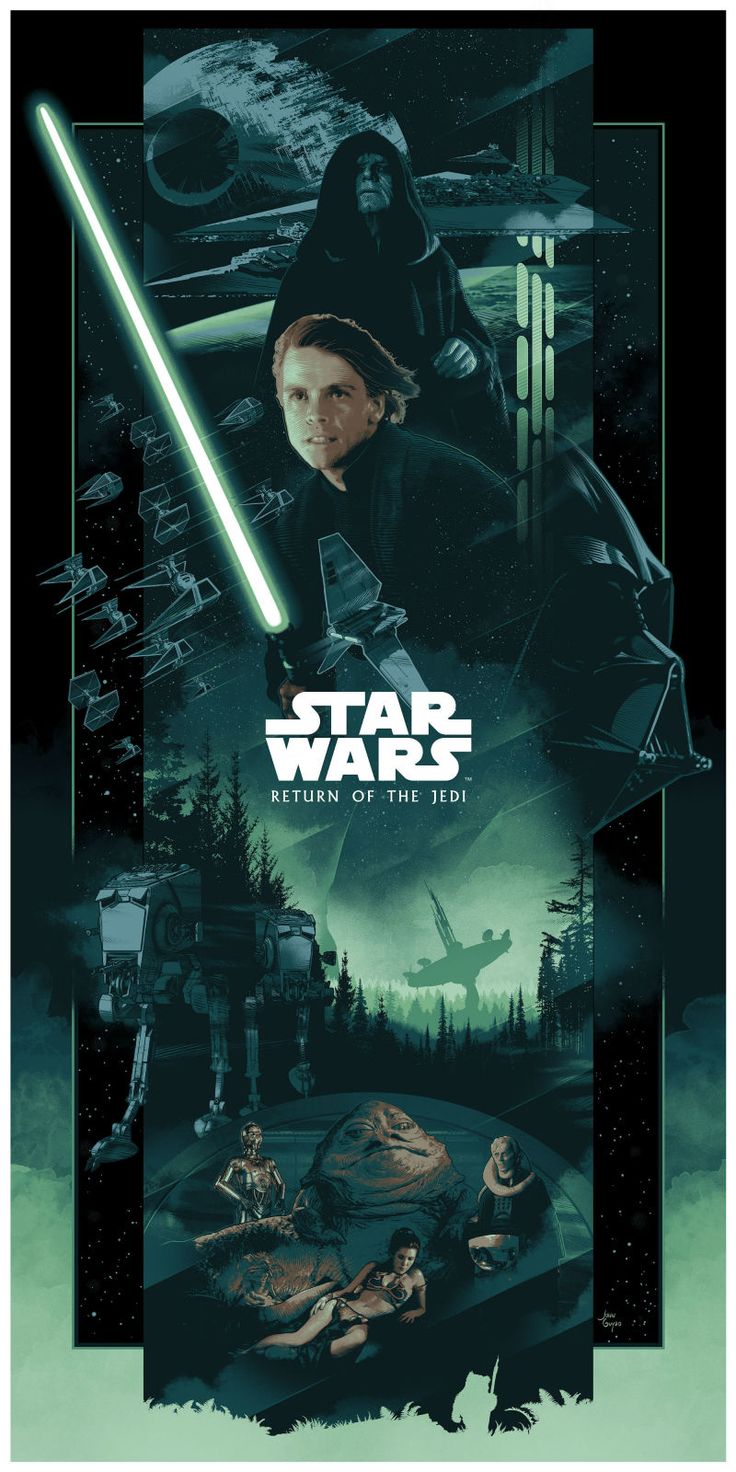 the poster for star wars is shown in black and green tones with an image of darth vader