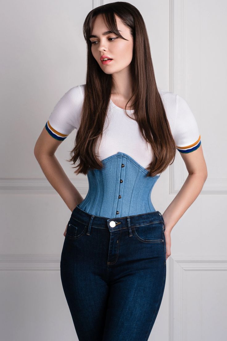 Denim Cotton Expert Waist Training Waspie Corset – Corset Story US Fitted Medium Wash Bottoms, High Waist Denim Corset, Denim Blue High Waist Fitted Corset, Fitted High Waist Denim Blue Corset, Denim Blue High Waist Corset, Fitted Dark Wash Corset, Fitted Medium Wash Denim Corset, Fitted Denim Corset In Medium Wash, Fitted Denim Corset